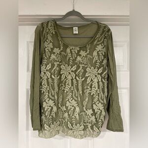 Floral Embroidered Olive Green Women's Top